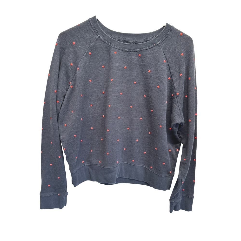 J. Crew Heart Print Vintage Fleece Wweatshirt‎ Woman M Navy Red Cropped Preppy